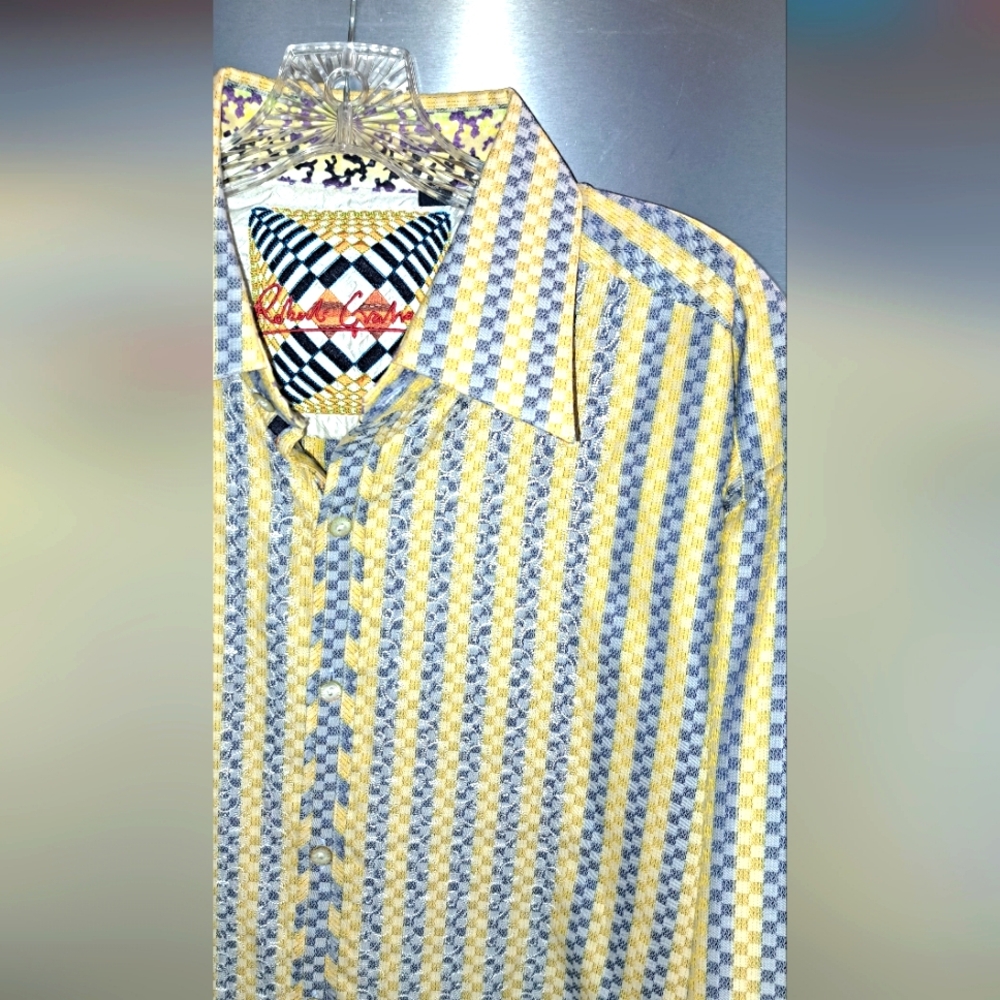 Mens ROBERT GRAHAM Geometric Pattern Button Front Shirt Yellows Blues 2XL